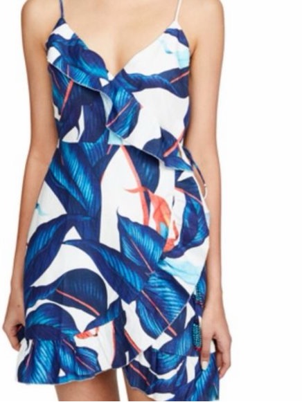 Farm Rio Tropical Blue Leaf Ruffle Mini Dress - Size Large